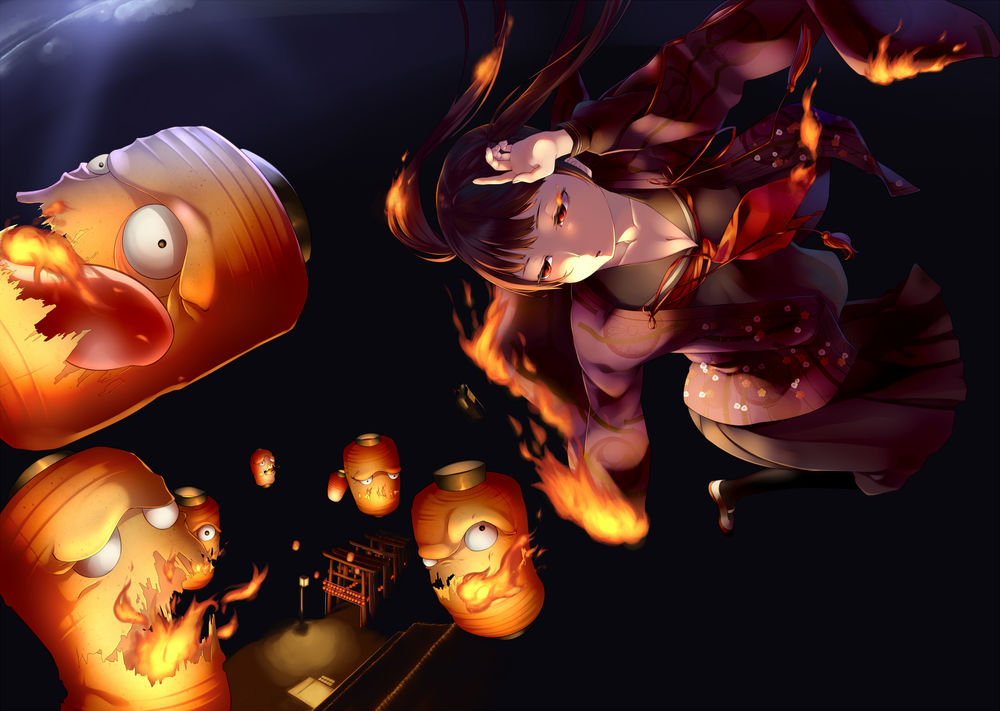 Обои для рабочего стола Девушка в горящей одежде парит в небе среди живых горящих фонариков