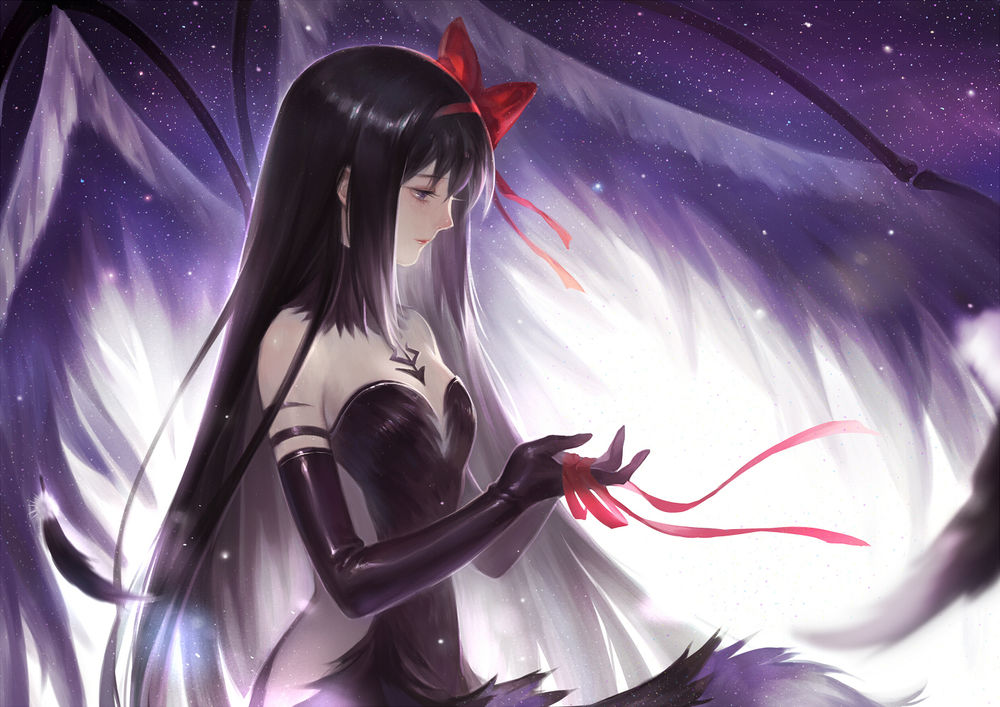 Обои для рабочего стола Хомура Акэми / Homura Akemi с красной лентой в руках из аниме Девочка-волшебница Мадока / Mahou Shoujo Madoka Magika, автор Yew5fish
