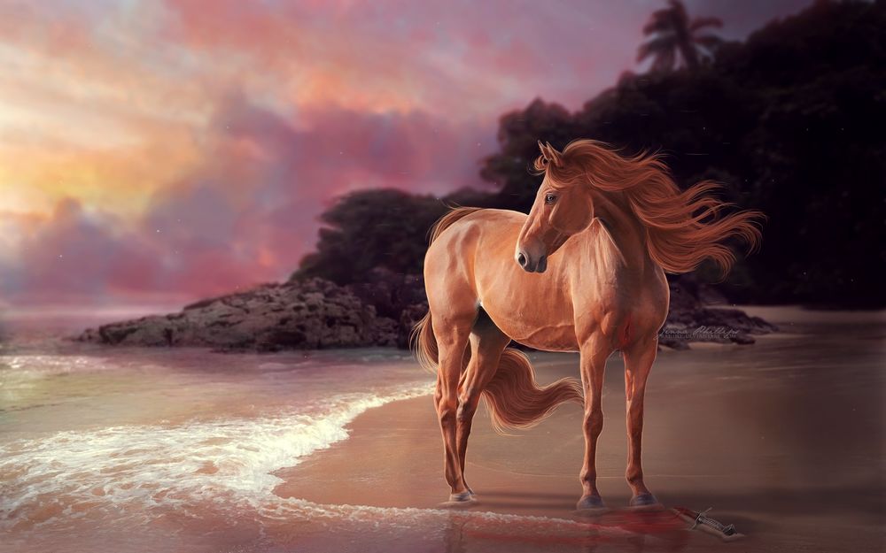Обои для рабочего стола Лошадь с развевающейся гривой стоит на берегу моря на фоне, неба, гор и деревьев