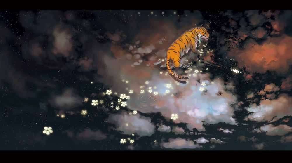 Обои для рабочего стола Тигр с девушкой в воде в которой отражается ночное небо, автор Sarnath