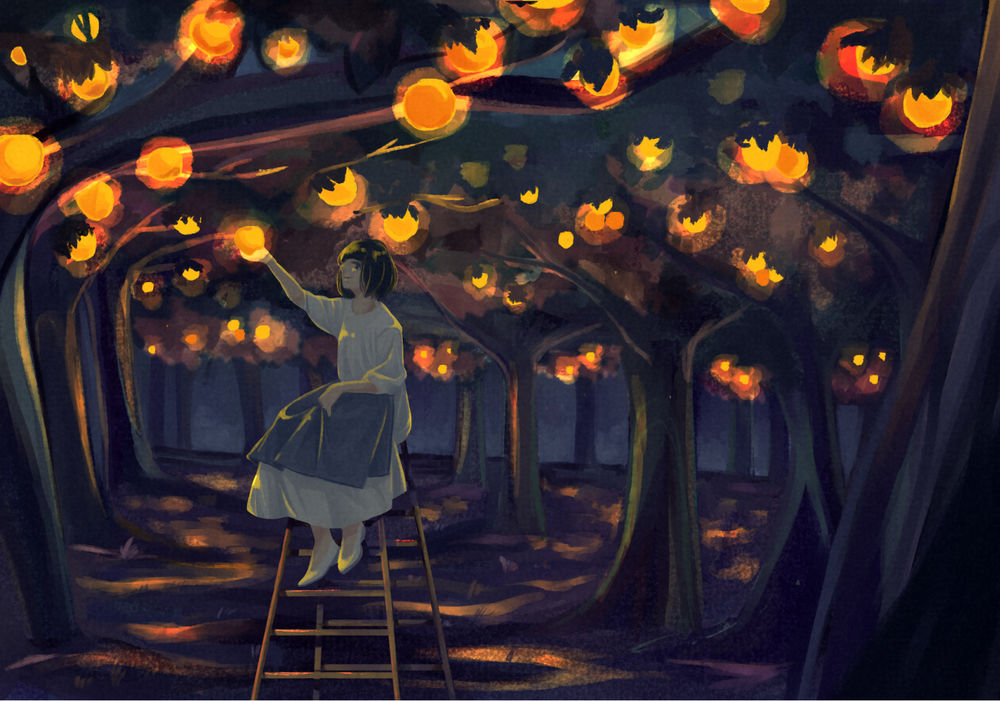Обои для рабочего стола Девушка сидит на стремянке среди деревьев, на которых растут светящиеся апельсины