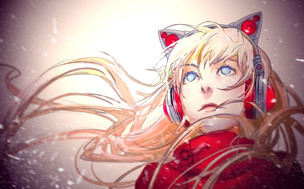Обои для рабочего стола Девушка в наушниках под падающим снегом, art by yuumei