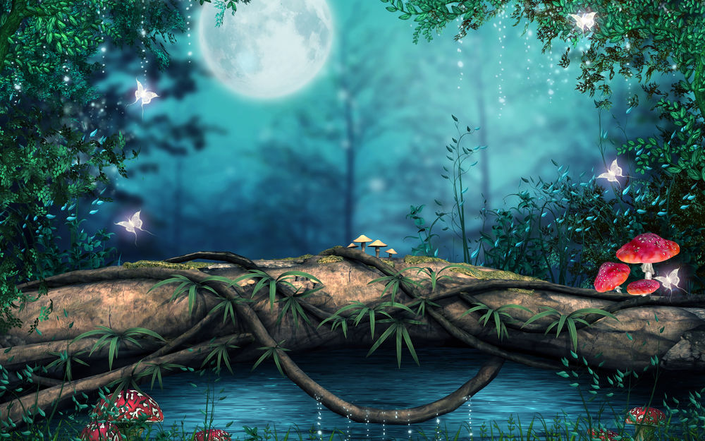 Обои для рабочего стола Огромное дерево, лежащее поперек лесного ручья, с растущими на нем фантастическими грибами, порхающих бабочек на фоне ночного неба и полной луны