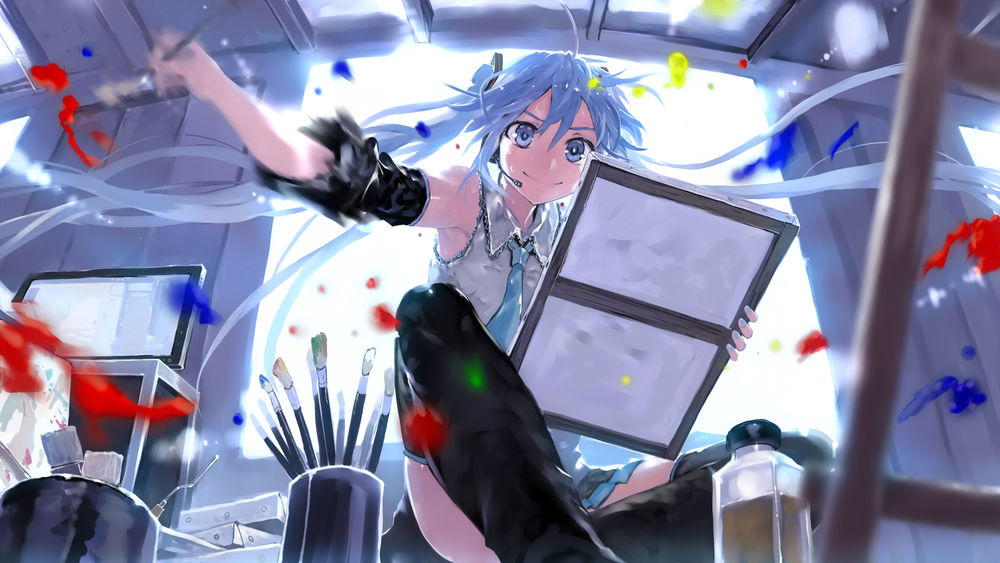 Обои для рабочего стола Vocaloid Miku Hatsune / Вокалоид Мику Хатсуне рисует