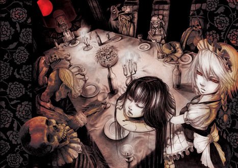 Обои на рабочий стол Remilia Scarlet / Ремилия Скарлет, Izayoi Sakuya / Сакуя Изаеи, Patchouli Knowledge / Пачули Нолидж и Koakuma / Коакума из игры Проект Восток / Touhou Project, art by azelye