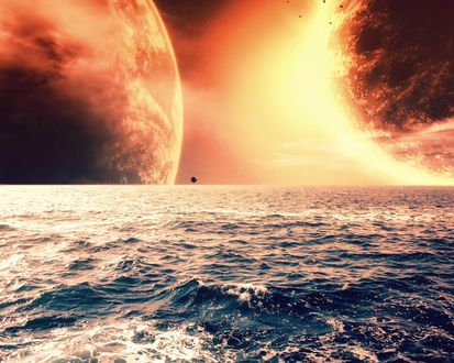 Обои на рабочий стол Планеты над водой