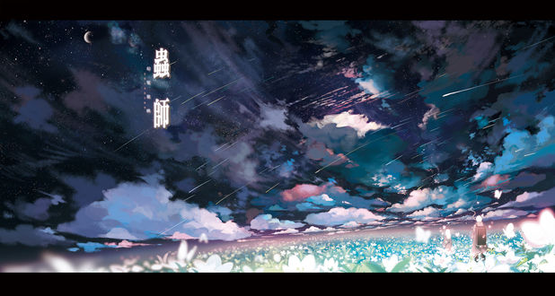 Обои на рабочий стол Гинко-сан / Ginko-san из аниме Mushishi / Мастер Муши стоит среди цветов на фоне ночного неба и падающих звезд, на рисунке написаны иероглифы
