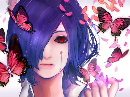 Обои на рабочий стол Touka Kirishima / Тока Кирисима с разноцветными бабочками из аниме Tokyo Ghoul / Токийский Гуль