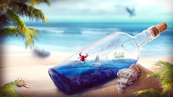 Обои на рабочий стол Стеклянная бутылка, заткнутая пробкой, лежащая на песке рядом с панцирем морской ракушки, с морской водой в бутылке, плывущими белыми яхтами, подпрыгивающими из воды дельфинами, крабом, ползущим по стеклянной стенке, песчаным островом с пальмами, парящими в небе птицами
