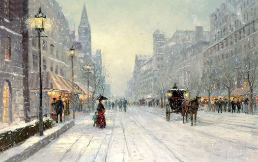 Обои на рабочий стол Зима на улицах города by Thomas Kinkade