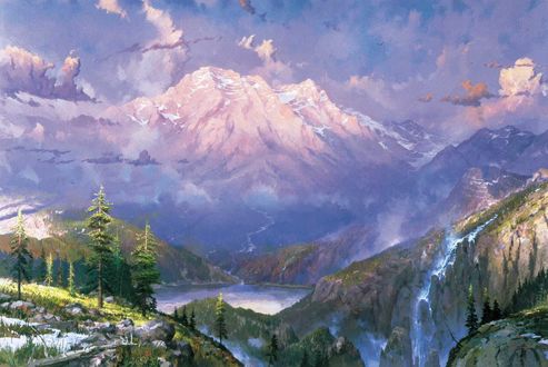 Обои на рабочий стол Сумерки в горах by Thomas Kinkade