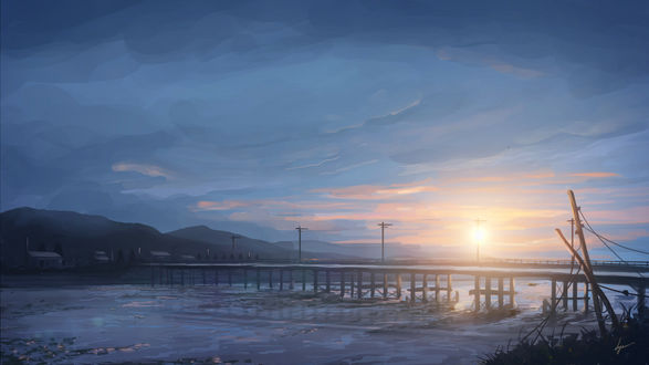 Обои на рабочий стол Закат над мостом через реку, art by niko p