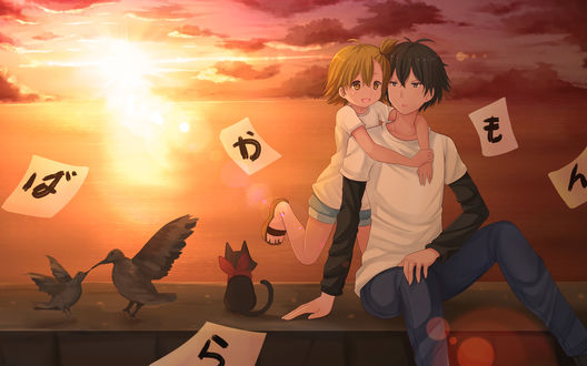 Обои на рабочий стол Handa Seishuu / Ханда Сэйсю, Naru Kotoishi / Нару Котоиси из аниме Barakamon / Баракамон и Sakamoto / Сакамото из аниме Nichijou / Мелочи жизни