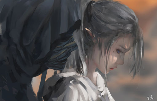 Обои на рабочий стол Девушка-эльф и мужчина с забинтованным лицом, art by wlop