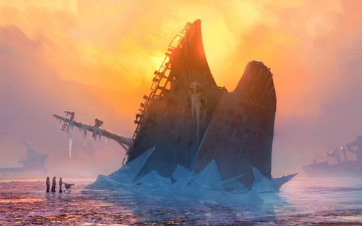 Обои на рабочий стол Люди, стоящие на замерзшем морском побережье с любопытством смотрят на огромную ледяную полынью в которой затонул корабль на фоне солнца на пасмурном небосклоне