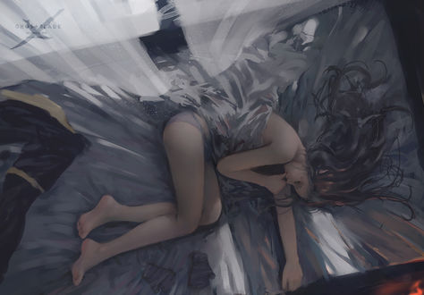 Обои на рабочий стол Девушка-эльф спит на кровати, art by wlop
