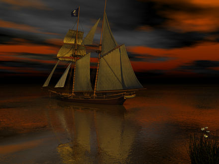 Обои на рабочий стол Парусник на воде, c пиратским флагом, by darkriderdlmc