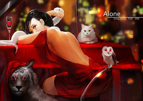 Обои на рабочий стол Девушка, змея, белая кошка, сова и тигр (Alone / Одинокая)