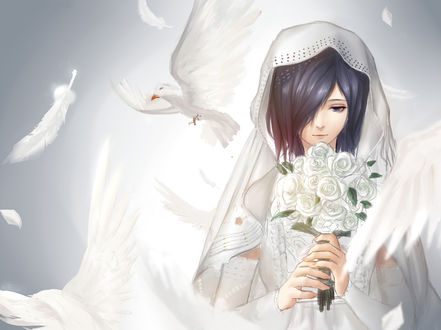 Обои на рабочий стол Touka Kirishima / Тока Кирисима из аниме Tokyo Ghoul / Токийский Гуль с ангельскими крыльями