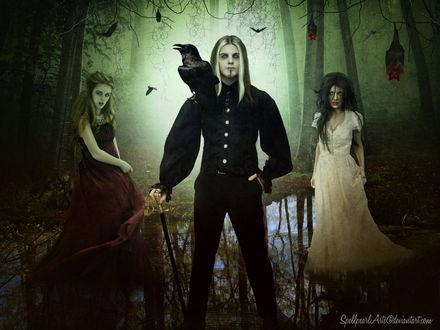 Обои на рабочий стол Мужчина-вампир с кровью на подбородке, опирающийся на трость в руке, стоящий на берегу водоема в глухой, лесной чащобе в окружении двух женщин на фоне парящих в воздухе птиц, автор SpellpearlArts