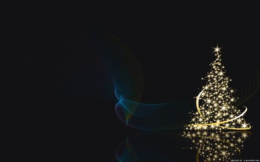 Обои на рабочий стол Золотистая новогодняя елка на черном фоне