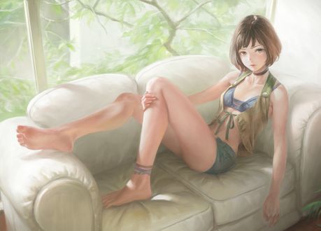 Обои на рабочий стол Девушка сидит на диване напротив окна, art by Nababa
