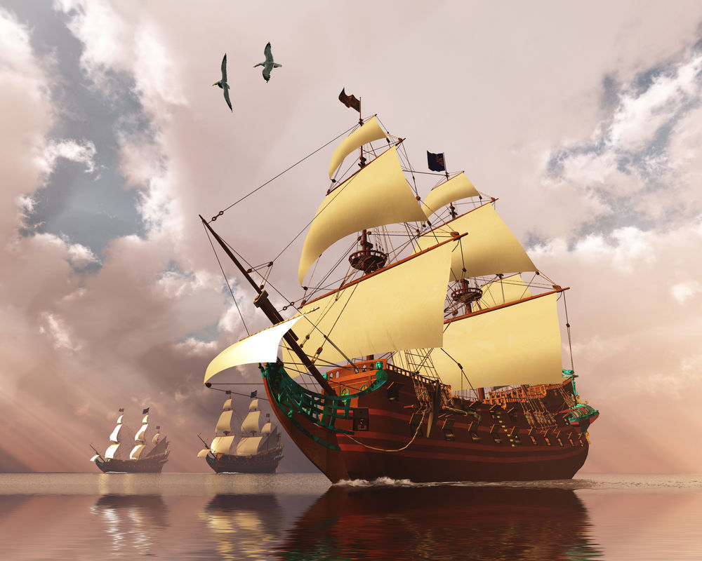 Обои для рабочего стола Старинные парусные фрегаты, плывущие по морю на фоне пасмурного неба и парящих в воздухе чаек