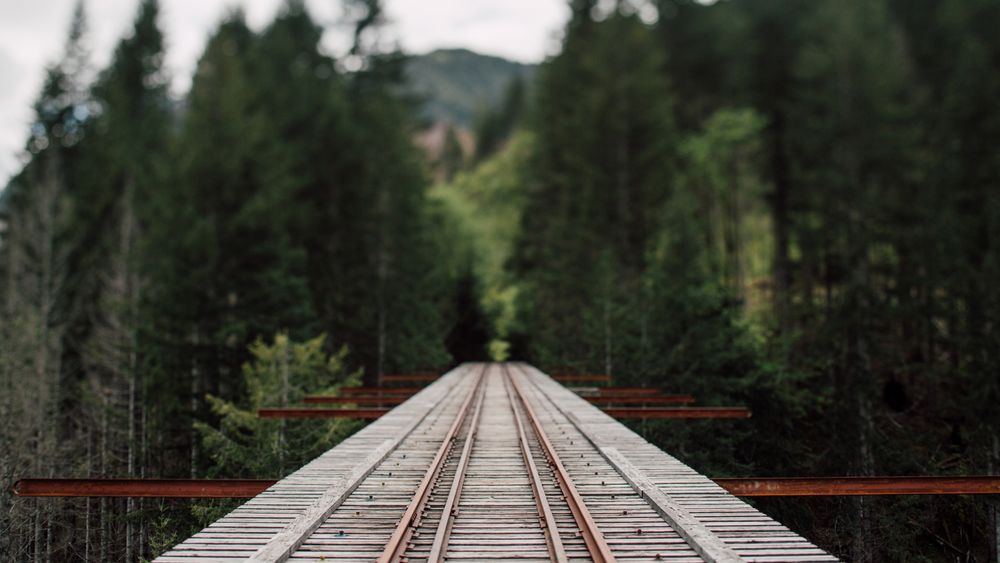 Обои для рабочего стола Железнодорожный мост с уходящей в лес железной дорогой