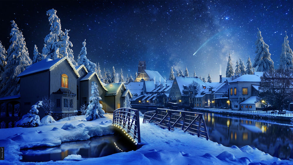 Обои для рабочего стола Красивый зимний пейзаж небольшого городка с каменными домами, стоящими на берегу реки, освещенными ярким, электрическим светом, небольшим деревянным мостиком, засыпанным снегом на фоне ночного, звездного неба, падающих комет