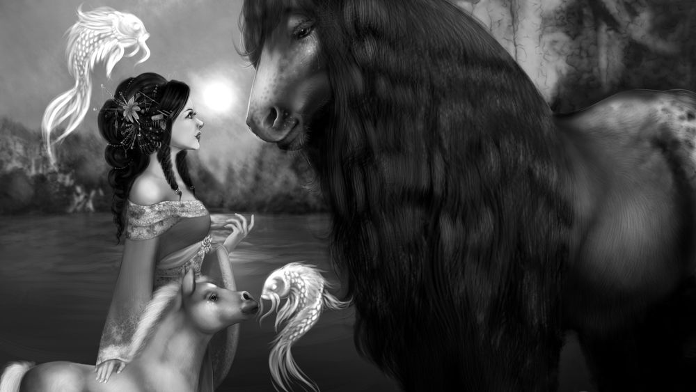 Обои для рабочего стола Девушка с жеребенком стоит на берегу водоема и протягивает руку к лошади во круг летают мистические рыбы