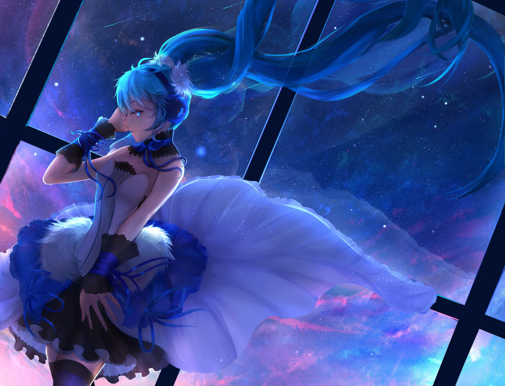 Обои для рабочего стола Vocaloid Hatsune Miku / Вокалоид Хатсунэ Мику в наушниках стоит напротив окна за которым виден космос, art by Yuuko (renhaowei2010)