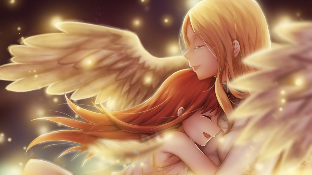 Обои для рабочего стола Два Ангела с крыльями обнимают друг друга
