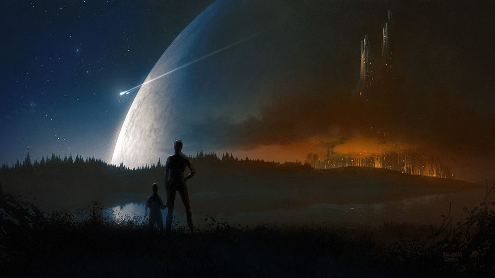 Обои для рабочего стола Астронавт с сыном, стоящие на берегу водоема на фоне огромной, взошедшей планеты, падающих комет и контуров необычного здания