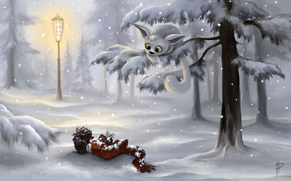 Обои для рабочего стола Ежик, идущий по заснеженной дороге в лесу под падающим снегом, увидев лежащую с шишками коробку удивленно ее разглядывает, с ветки дерева за ним наблюдает необычный зверек с большими глазами и ушами
