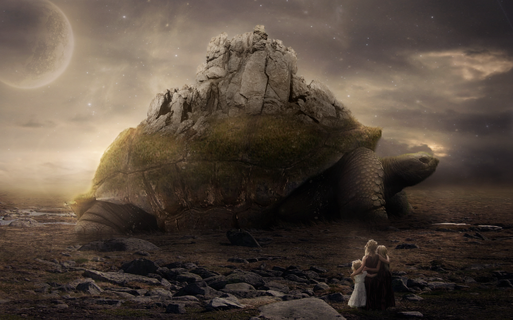 Обои для рабочего стола Мать, стоит обнявшись со своими дочерьми на каменистой поверхности, с удивлением наблюдают за огромной черепахой, несущей на своем панцире каменные скалы на фоне темного неба с взошедшей планетой, автор Element OfO ne1