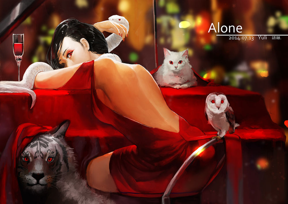 Обои для рабочего стола Девушка, змея, белая кошка, сова и тигр (Alone / Одинокая)