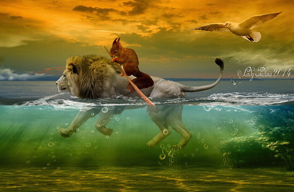 Обои для рабочего стола Рыжая белка с веслом, сидящая на спине льва, плывущего по морю на фоне пасмурного неба и парящей в воздухе морской чайкой, автор Lady Judina