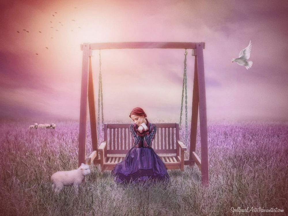 Обои для рабочего стола Рыжеволосая, задумчивая девушка, сидящая на деревянных качелях среди фиолетовой травы, смотрит на белого ягненка, стоящего у ее ног на фоне заката и парящего в небе белого голубя, автор SpellpearlArts