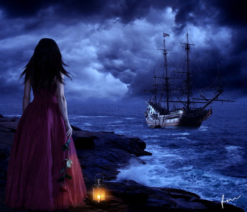 Обои для рабочего стола Черноволосая девушка, держащая в руке красную розу, стоящая на берегу моря рядом с горящим у ее ног фонарем, провожает отплывающий парусный фрегат на фоне вечернего, пасмурного неба, автор Secretadmires