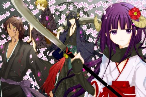 Обои на рабочий стол Герои аниме Inu x— Boku SS / Пес и я: Секретная служба на фоне цветущей сакуры