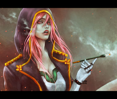 Обои на рабочий стол Девушка в капюшоне курит, art by NanFe