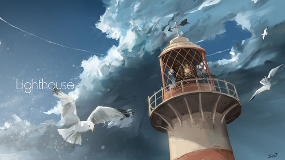Обои на рабочий стол Маяк, вокруг которого летают чайки (Lighthouse)