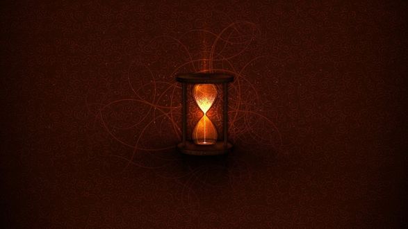 Обои на рабочий стол Светящиеся песочные часы на фоне темно-красной абстракции