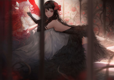 Обои на рабочий стол Хомура Акэми / Akemi Homura и Мадока Канамэ / Madoka Kaname из аниме Mahou Shoujo Madoka Magica / Девочка-волшебница Мадока Магика