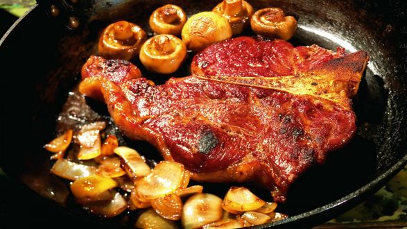 Обои на рабочий стол Мясо с грибами на сковороде