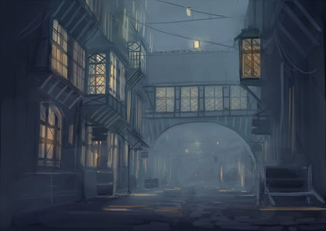 Обои на рабочий стол Ночная городская улица, art by Seo Tatsuya