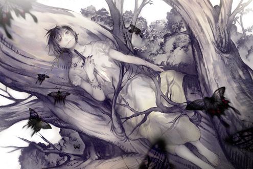 Обои на рабочий стол Девушка с кинжалом на дереве, art by Pekomi