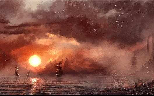Обои на рабочий стол Парусные фрегаты, плывущие по морю на фоне заката солнца на вечернем небосклоне, множества парящих в воздухе морских чаек