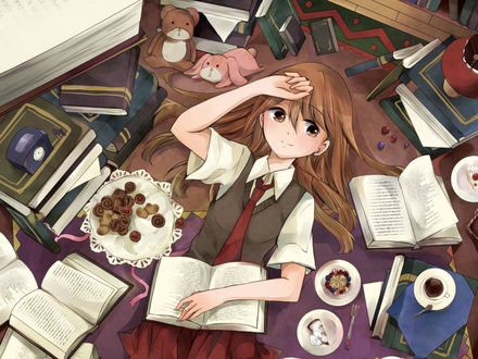 Обои на рабочий стол Девушка лежит среди книг, art by Natsu (Pixiv1501671)