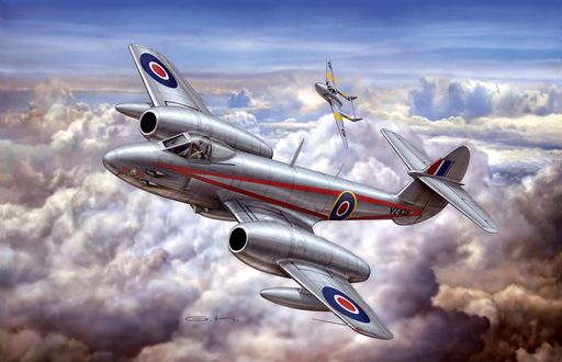 Обои на рабочий стол Британские истребители Gloster G-41 Meteor (на переднем плане) и De Hevilland DH-100 Vampire (сзади) в полете над облаками